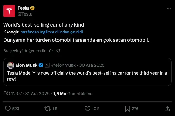 Elon Musk Açıkladı: Tesla Model Y, 2025’te Dünyanın En Çok Satan Otomobili Oldu